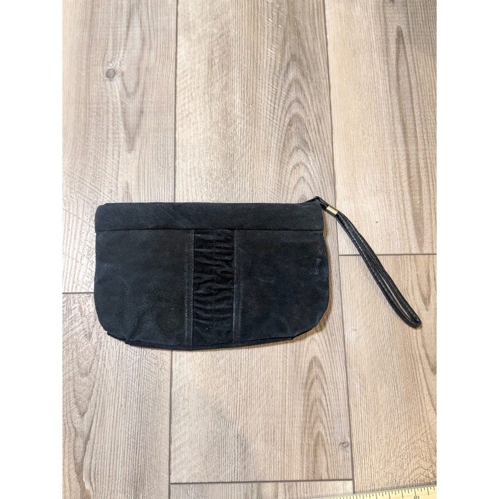 Vintage Black Suede Ruched‎ Wristlet Clutch Bag Y2K Minimalist Evening Pouch